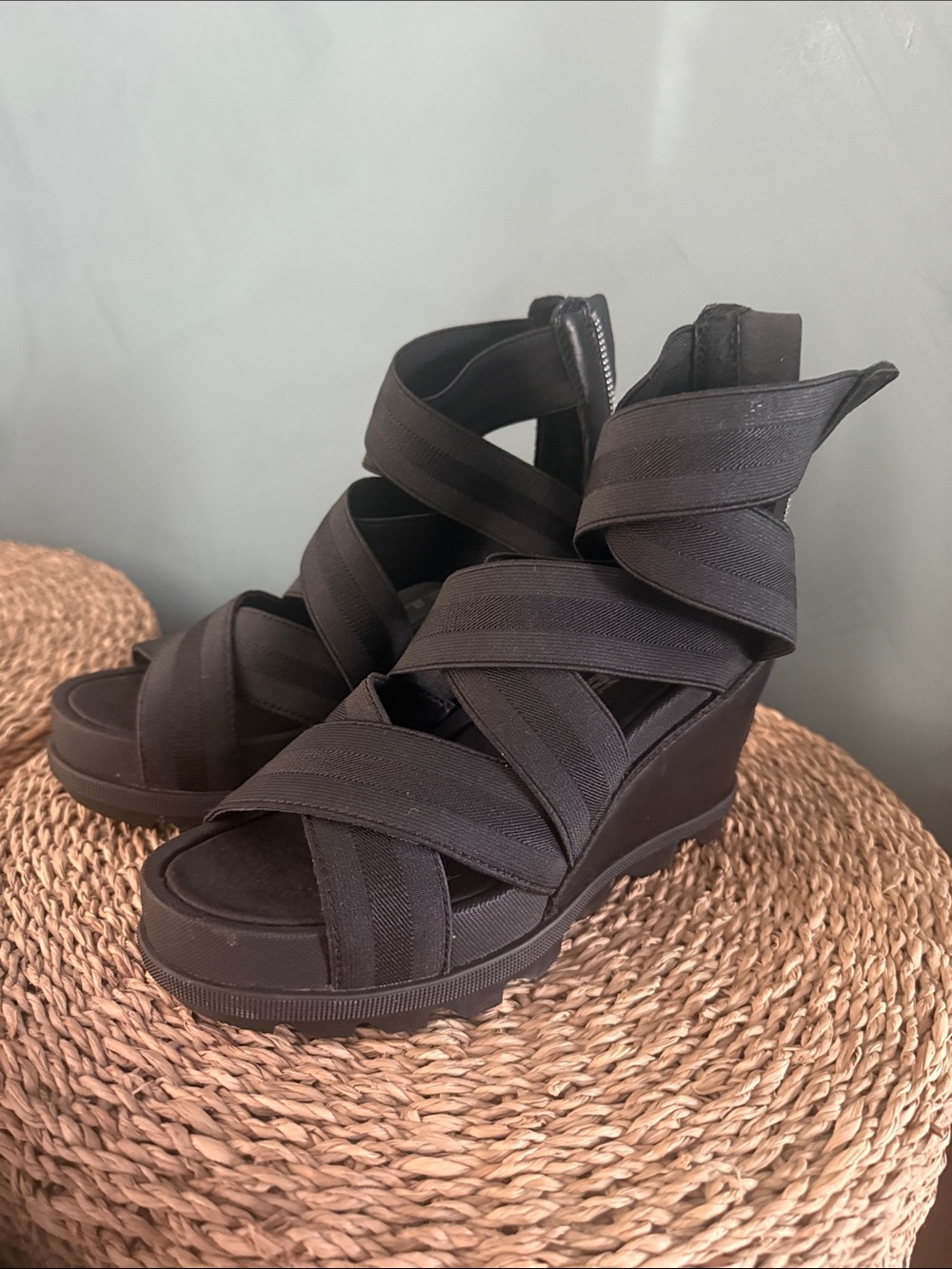 Sorel Black Elastic Crisscross Wedge Sandals
